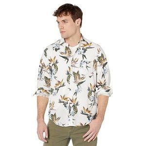 SERGE BLANCO Men's Long Sleeve Hibiscus Shirt, White, XL